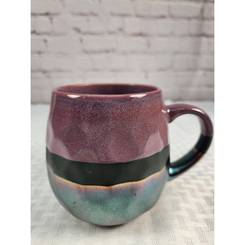 SARAH SIGNATURE POTTERY COFFEE MUG METALLIC IRRIDESCENT HAMMERED DRIP GLAZE CUP